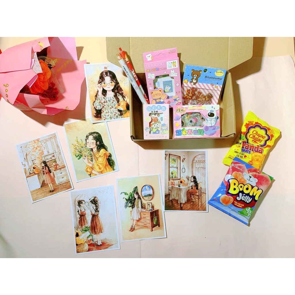 Hộp sticker kèm postcard phong cách vintage siêu dễ thương &lt;Tặng kèm Sticker dán&gt;