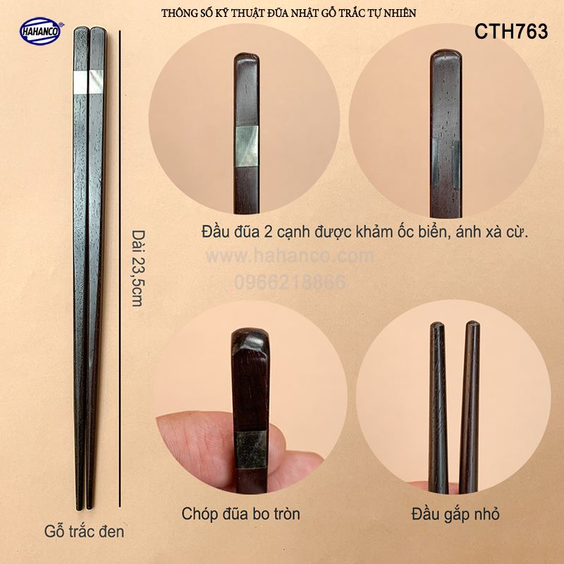 Đũa Nhật gỗ trắc đầu khảm xà cừ ốc biển đũa xuất Nhật - gỗ tự nhiên siêu sạch - an toàn cho sức khỏe - CTH763 - Chopstick of HAHANCO