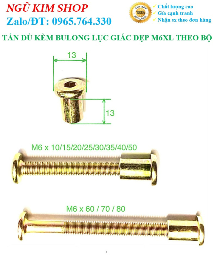 TÁN DÙ KÈM BULONG LỤC GIÁC DẸP M6 x L THEO BỘ