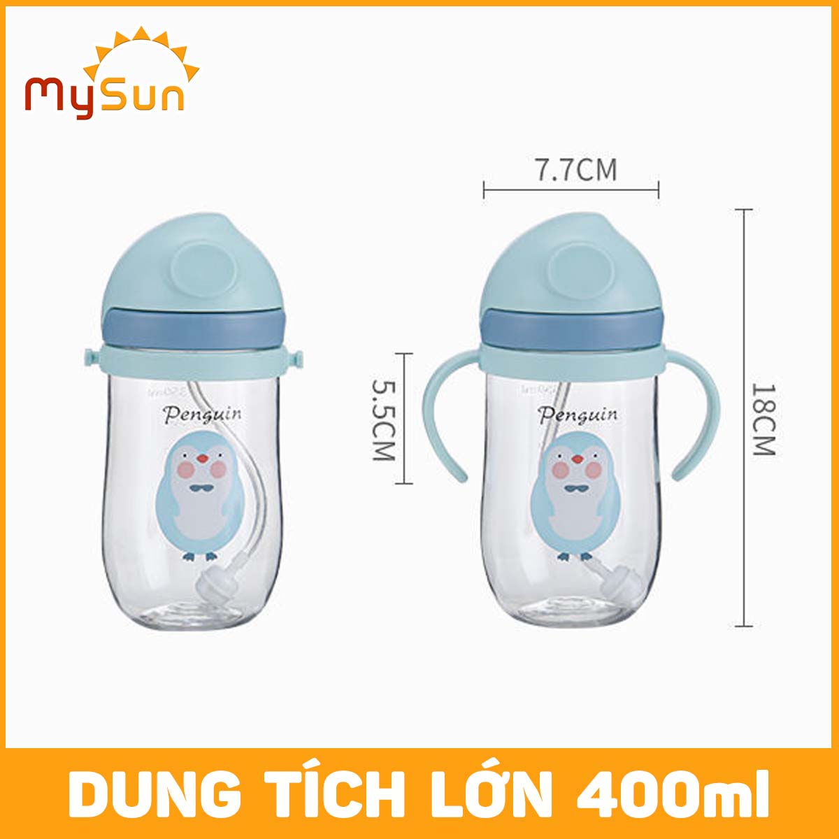 Bình đựng nước nhựa cho bé trai gái 400ml mẫu giáo, cấp 1 lớp 1 2 3 mang đi học  có ống hút tay cầm đẹp xịn MySun