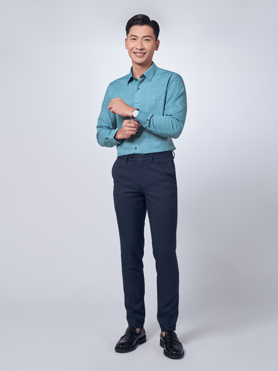 OWEN - Áo sơ mi dài tay Owen Slimfit Chất sợi tre màu xanh kẻ 220924