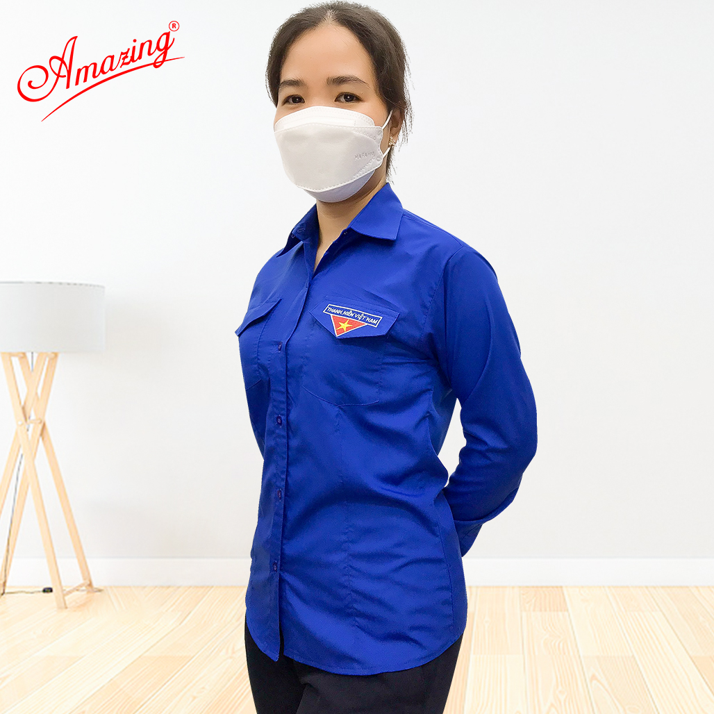 Áo sơ mi nữ đồng phục đoàn viên Việt Nam có chiết 4 ben eo, tay dài và tay ngắn thêu cờ đỏ sao vàng