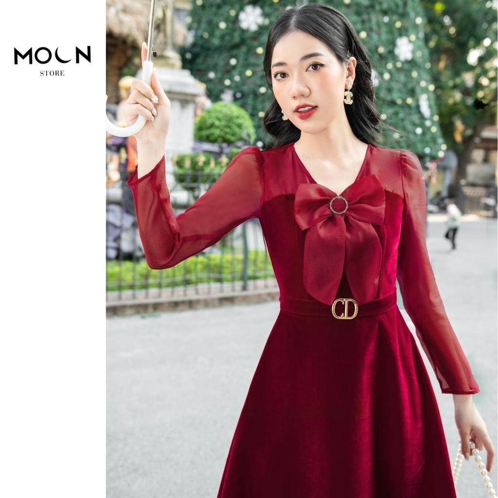 Váy Nữ Nhung Màu Đỏ Dáng Dài Tôn Da Tôn Dáng Sang Trọng Dễ Phối Đồ Đầm Công Sở Thu Đông MV221 MOON STORE