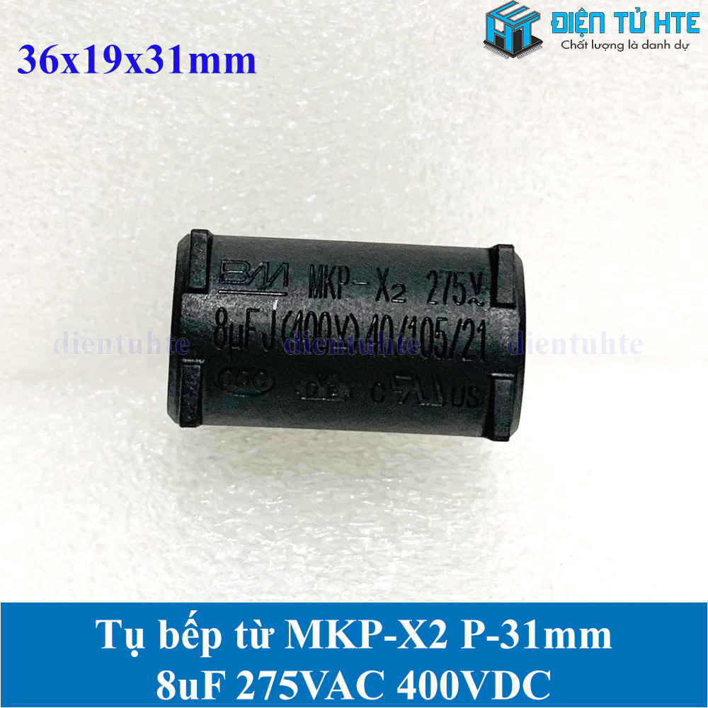 Tụ bếp từ MKP-X2 8uF 275VAC 400VDC pitch 31mm Đen size 36x19x31mm