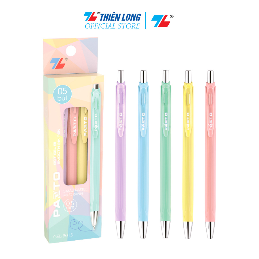 Bút mực nước gel B màu Pastel Thiên Long Pazto GEL-B015 - Mực xanh (5 cây)- Viết êm trơn