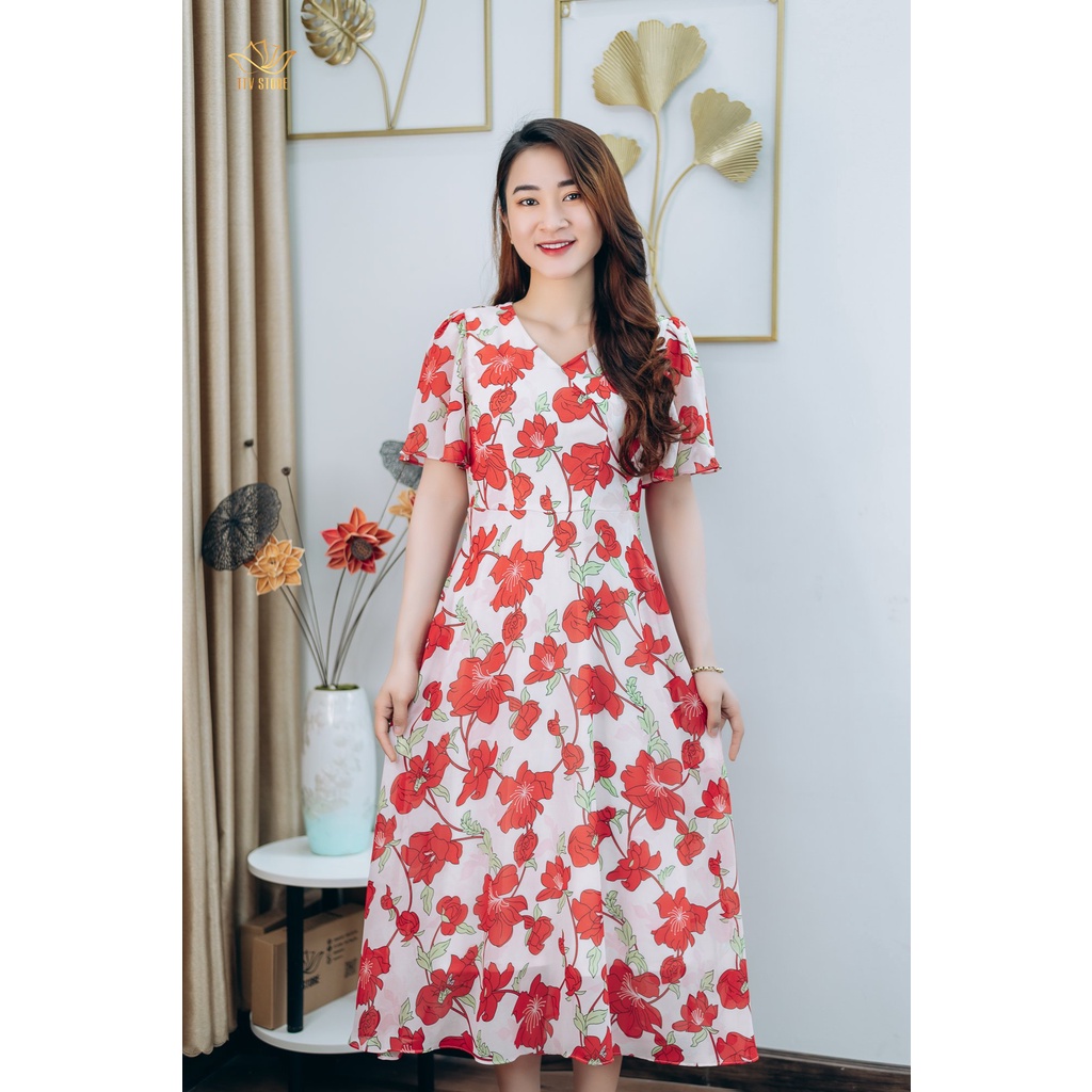 Đầm Maxi thiết kế trung niên sang trọng Cổ tròn tay loe màu Trắng hoa đỏ TTV STORE TTV1248
