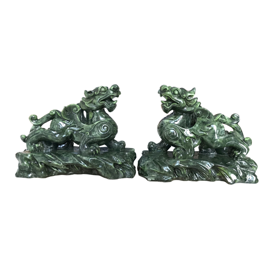 Cặp 2 Tượng Đá Trang Trí Tỳ Hưu Phong Thủy - Dài 20cm x Cao 15cm - Màu Xanh Lục Bích