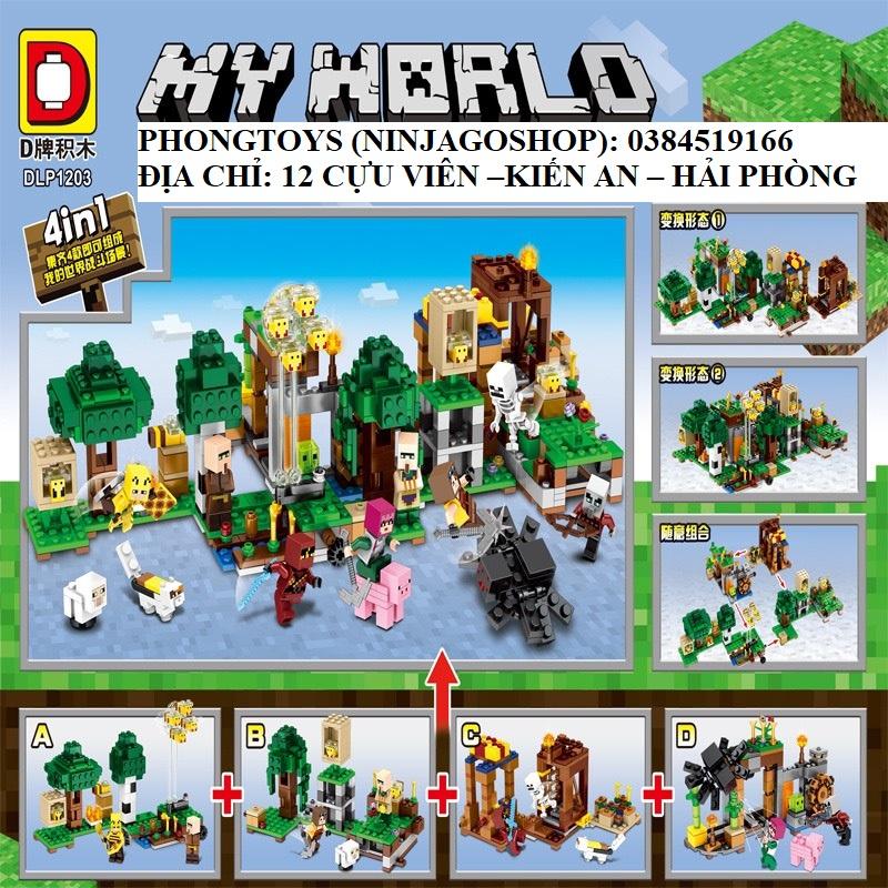 Lắp ráp xếp hình Non Lego Mine.craft My World DLP 1203 : Set 4 bộ tháp canh chống quái vật trong rừng 4 in 1