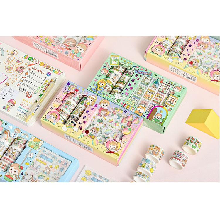 Set Hộp Washi Tape Cô Bé Đáng Yêu Băng Keo Hình Dán Cute Sticker Anime Trang Trí Sổ Combo 10 Cuộn 10 Stickers Cute