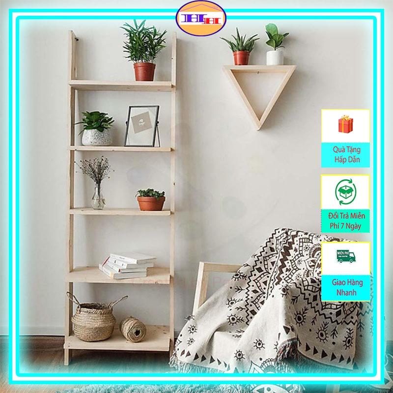 Kệ gỗ trang trí phòng khách hình thang loại 4 tầng bằng gỗ thông nhập khẩu