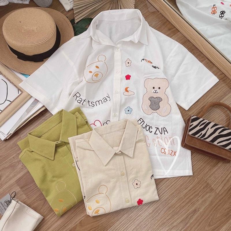 Áo sơ mi tay ngắn thêu gấu