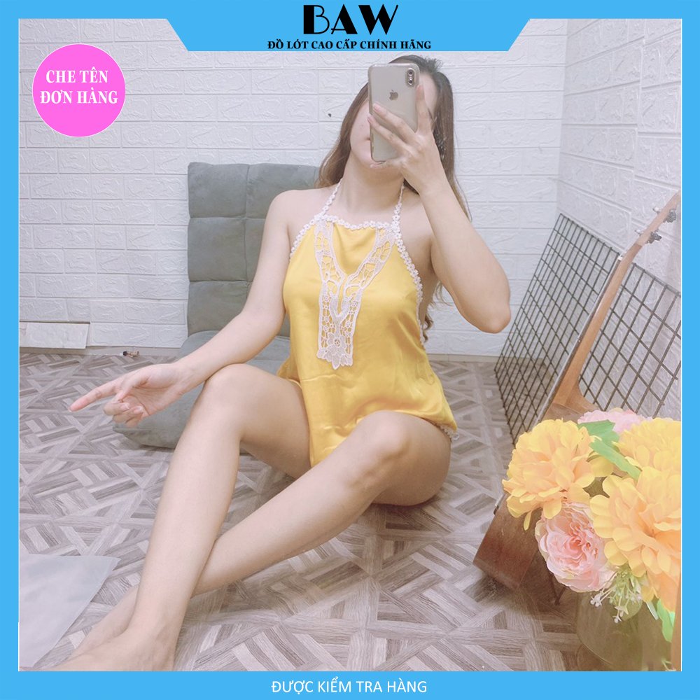 Đồ Ngủ Nữ, Đồ Ngủ Nữ Lụa Satin Cổ Yếm Phối Ren Cao Cấp Sexy Quyến Rũ Thương Hiệu Baw, Chất Liệu Lụa Mát Mịn Nhẹ Nhàng Cực Kỳ Lôi Cuốn NT73