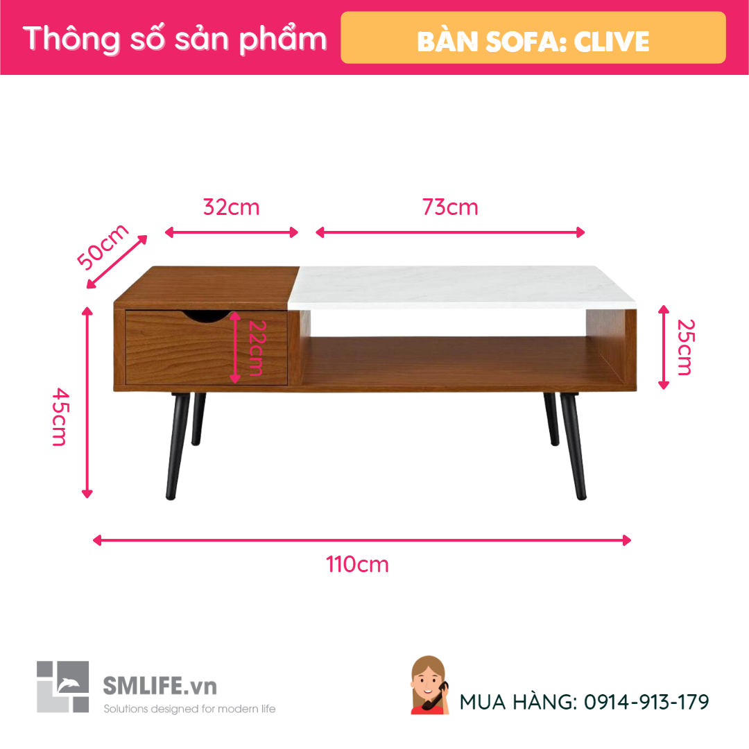 Bàn trà gỗ hiện đại SMLIFE Clive | Gỗ MDF dày 17mm chống ẩm | D110xR50xC45cm