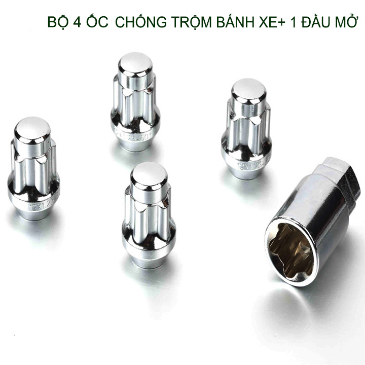 Bộ 4 ốc khóa chống trộm bánh xe ô tô kèm 1 đầu mở, loại M12 hoặc M14 tùy chọn