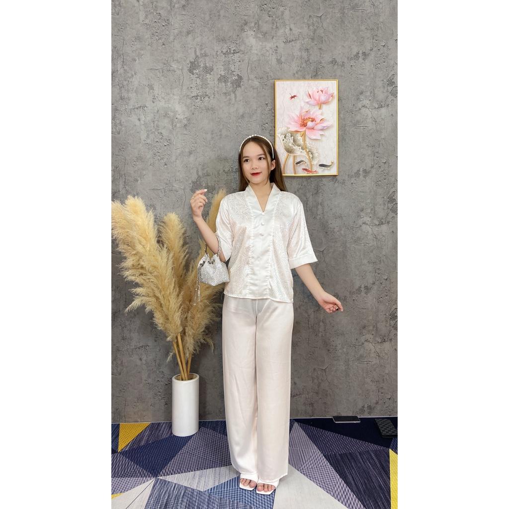 Đồ lam đi chùa nữ bộ đi lễ pháp phục đi chùa lụa gấm xuông đẹp thiết kế cao cấp trang nhã sang trọng LAMI STORE V9