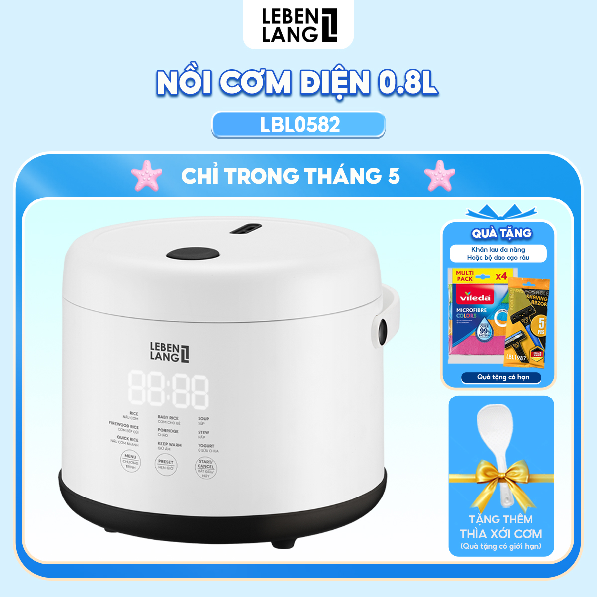 Nồi cơm điện tử mini Lebenlang LBL0582, 800ml, 300W, thiết kế hiện đại, bảo hành 2 năm - hàng chính hãng