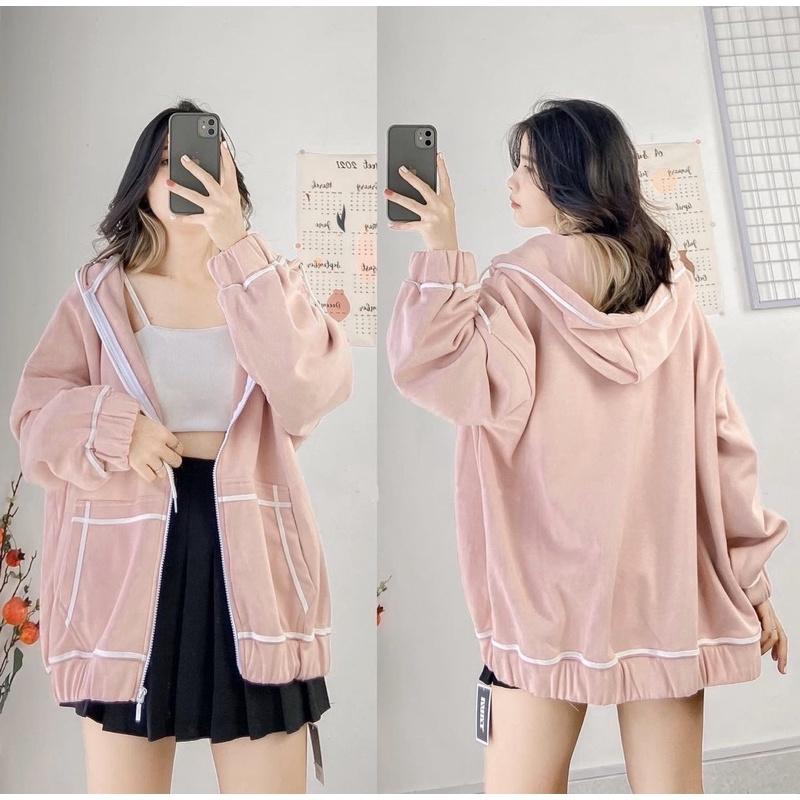 Áo Khoác Hoodie Viền Tay  Bồng Nữ Jacket form rộng có mũ màu ĐEN ,HỒNG, XANH, TÍM THAN Ulzzang- KHOÁC NỈ TRƠN PHONG CÁCH HÀN QUỐC