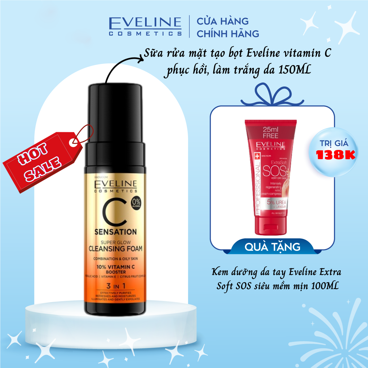 Sữa rửa mặt tạo bọt Eveline vitamin C phục hồi làm trắng da 150ML