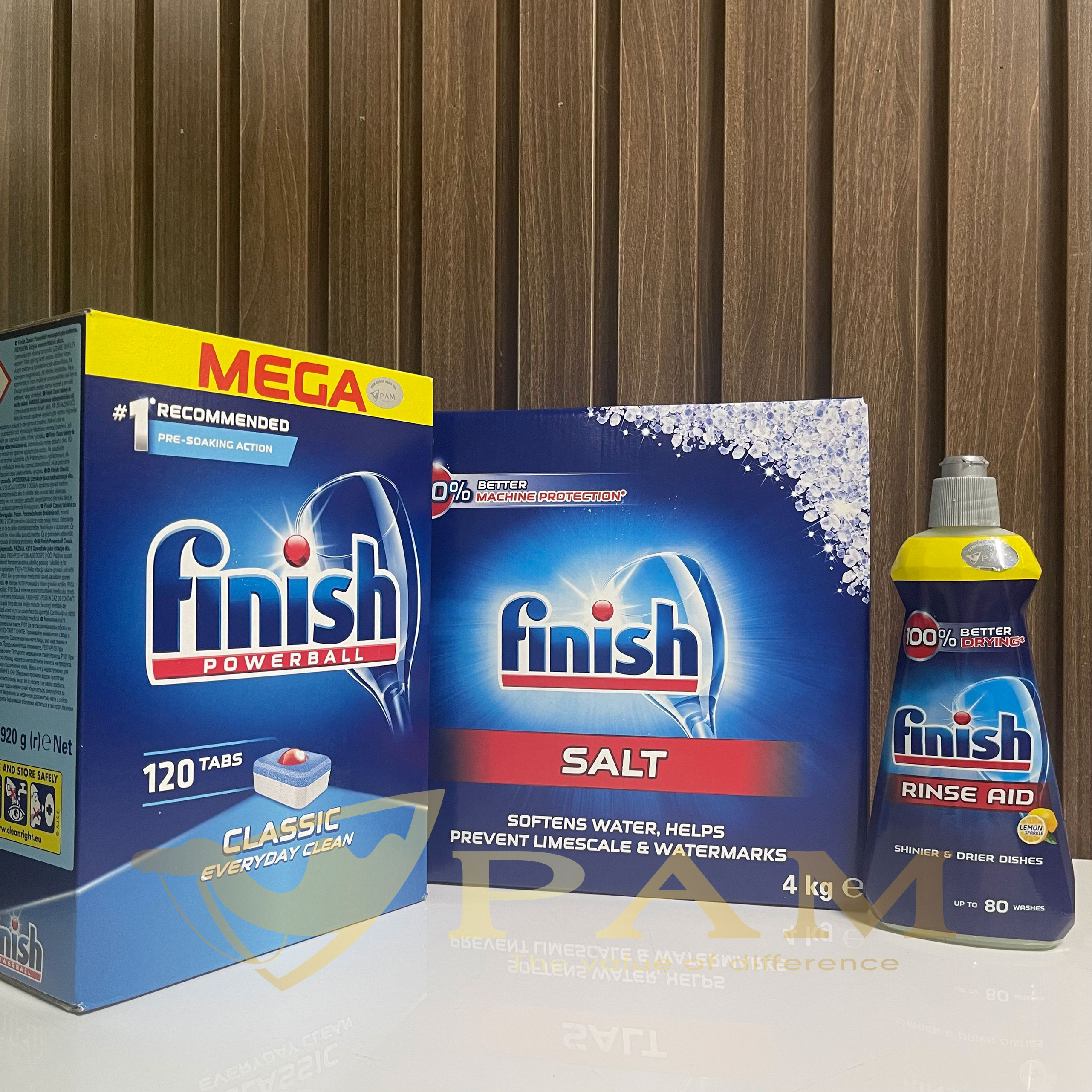 Combo Viên rửa bát Finish Classic 120 viên + Muối Finish 4kg + Nước làm bóng Finish 400ml hương chanh