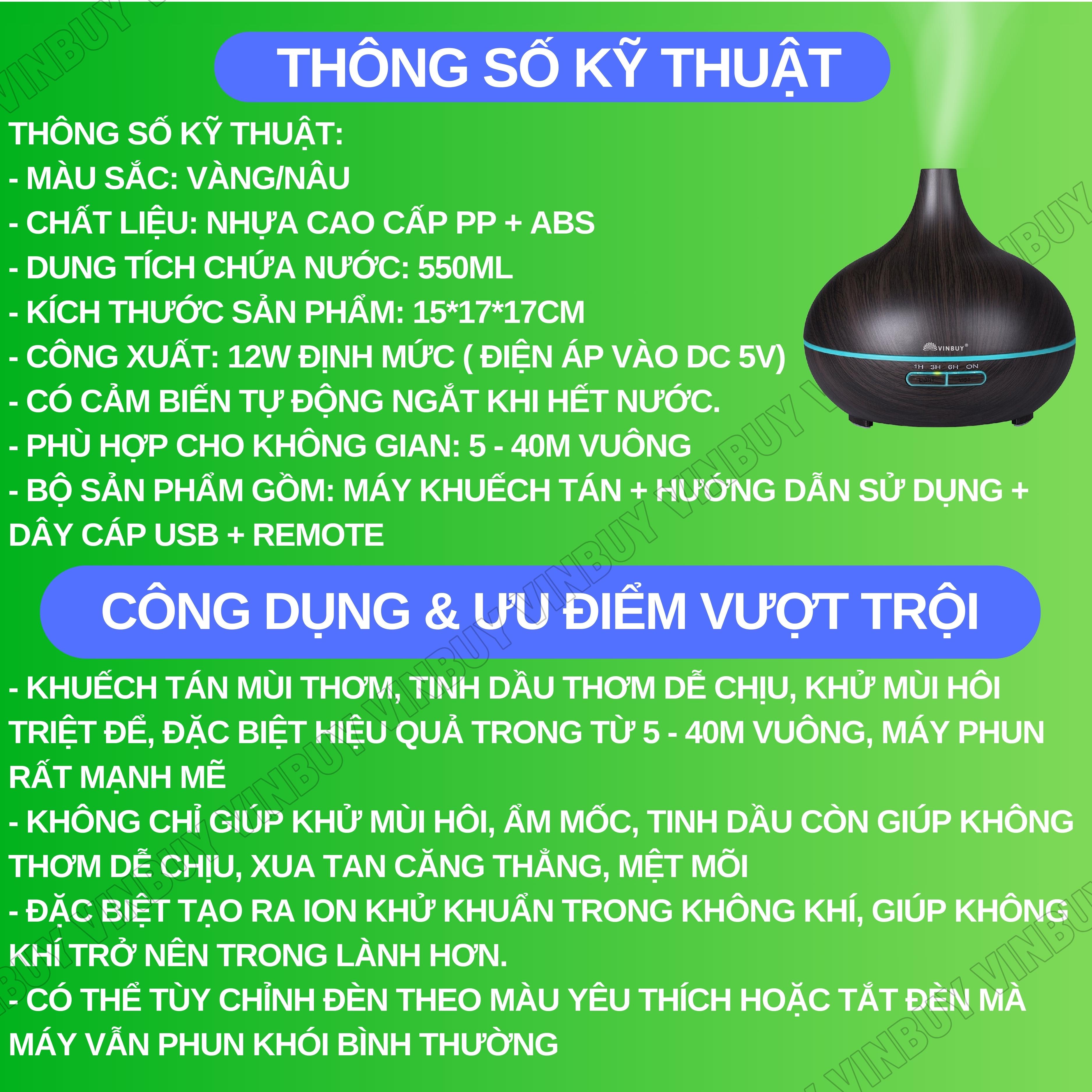 Máy xông tinh dầu VINBUY bầu tiên, máy phun sương tạo ẩm, máy xông tinh dầu phòng ngủ, spa, tự động, chuyên dụng phòng lớn led 07 màu - Hàng chính hãng