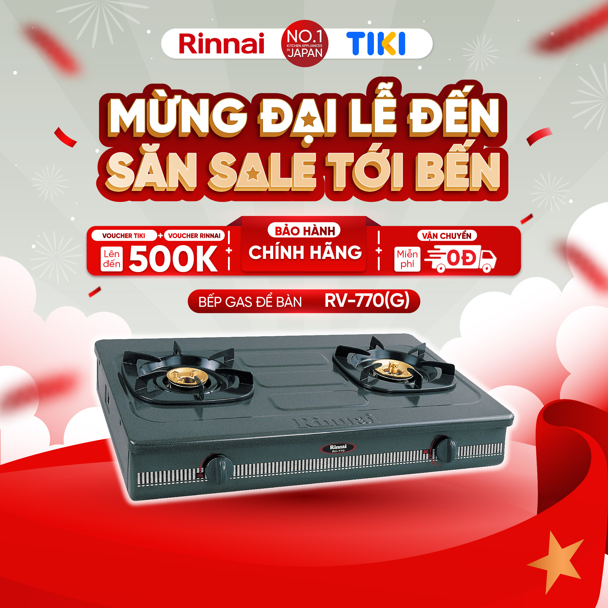 Bếp gas dương Rinnai RV-770(G) mặt bếp men và kiềng bếp men - Hàng chính hãng.