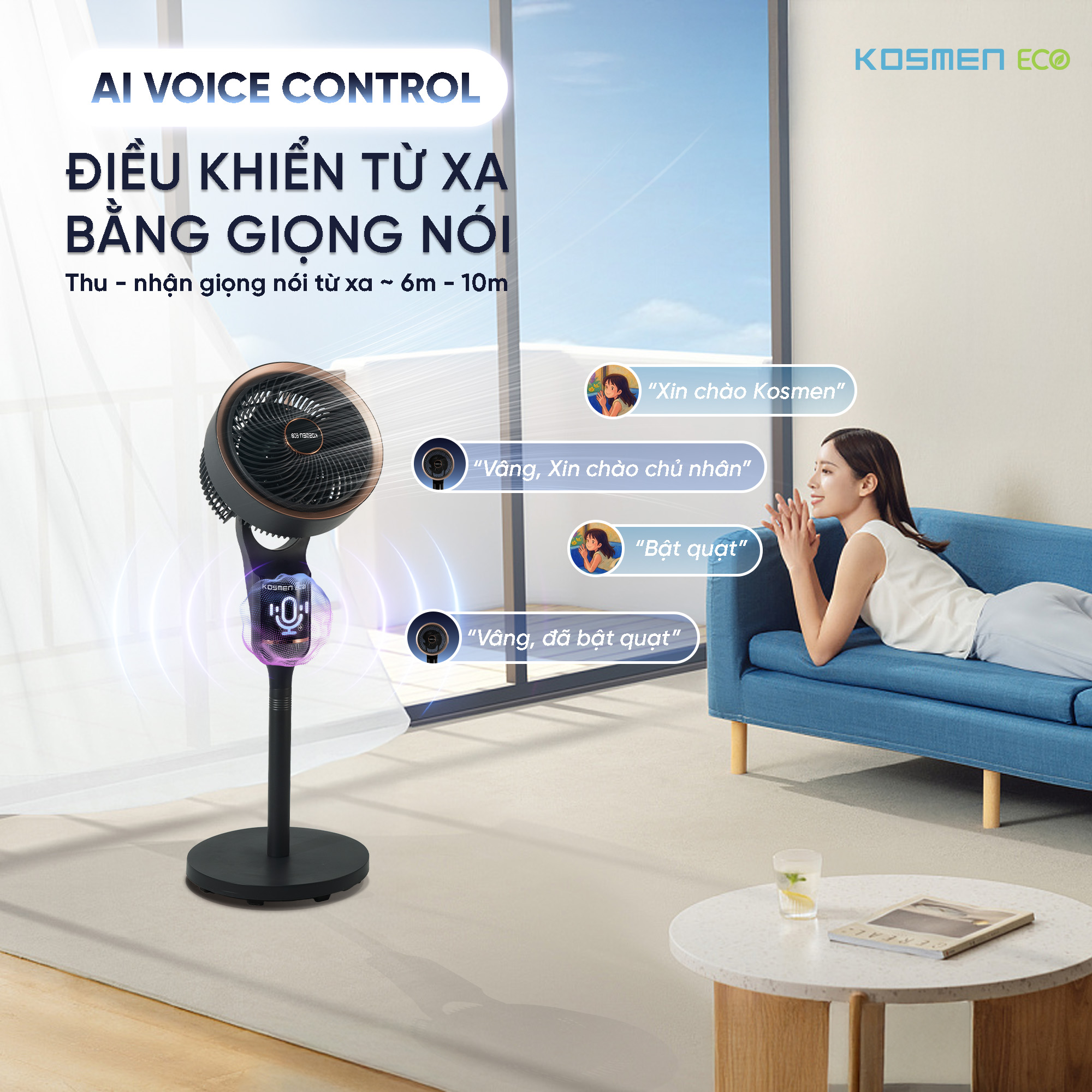 Quạt thông minh Kosmen ECO-F40AI-B AI điều khiển bằng giọng nói – Màu Đen - Hàng Chính Hãng, Bảo Hành 1 Năm