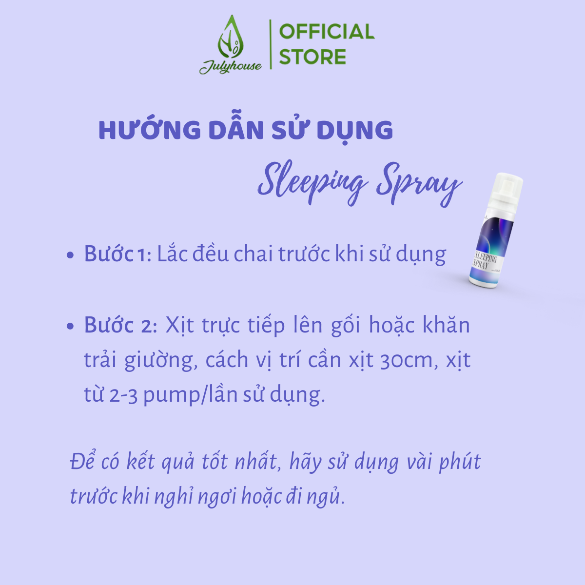 Xịt thơm ngủ ngon Sleeping Spray Julyhouse 100ml chiết xuất tinh dầu, giúp làm thơm mền gối, phòng ngủ, hỗ trợ ngủ ngon