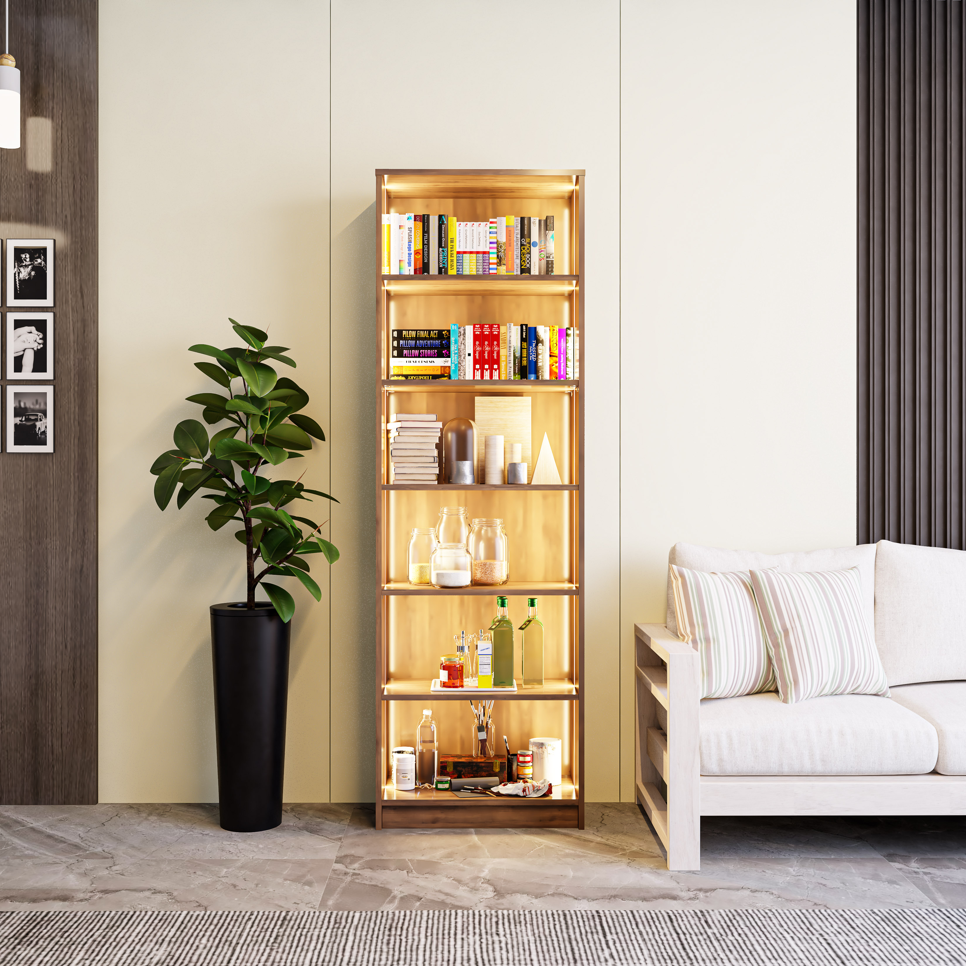 CATY, kệ sách 6 tầng tích hợp đèn LED, 60cm x 28cm x 189cm , KSA_002_LED