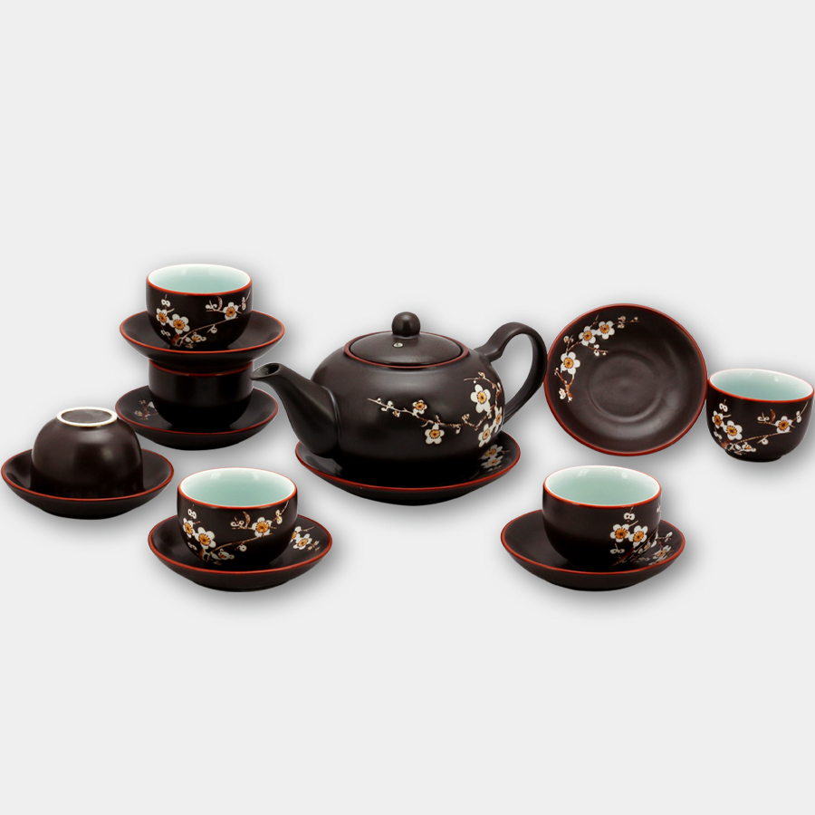 Bộ ấm chén tử sa tròn khắc hoa Đào chính hãng gốm sứ Bát Tràng (bộ bình uống trà, bình trà)