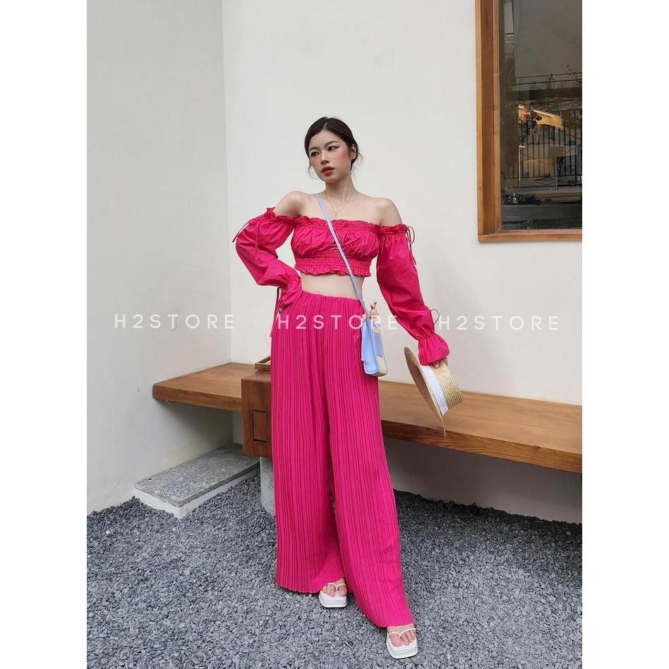 Đồ bộ nữ quần ống suông rộng, vải lụa dập ly xốp, phối áo thời trang freesize dưới 57kg