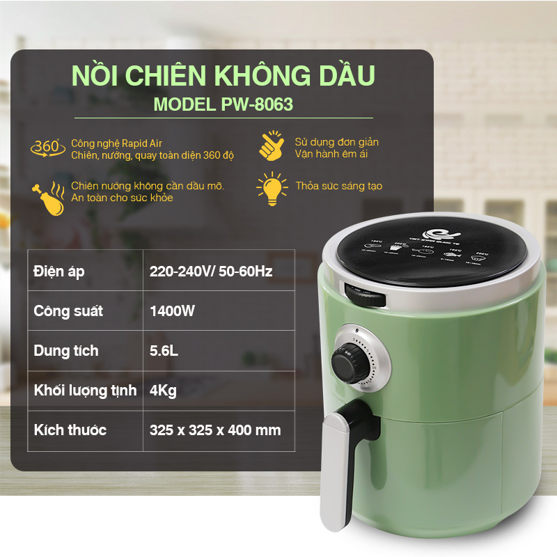 Nồi Chiên Không Dầu Công Nghệ Rapid Air - Chiên, Nướng Quay 360 Độ Model PW-8063, Thân Thiện Cho Sức Khỏe, Dung Tích 5,6L Tiện Lợi, Tiết Kiệm Điện, Dễ Dàng Sử Dụng, Hàng Chính Hãng