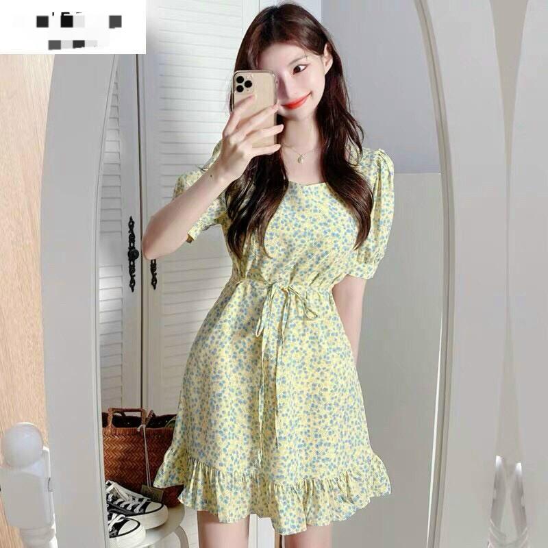 Đầm xoè lụa hoa tay phồng bèo lai kèm dây cột nơ eo