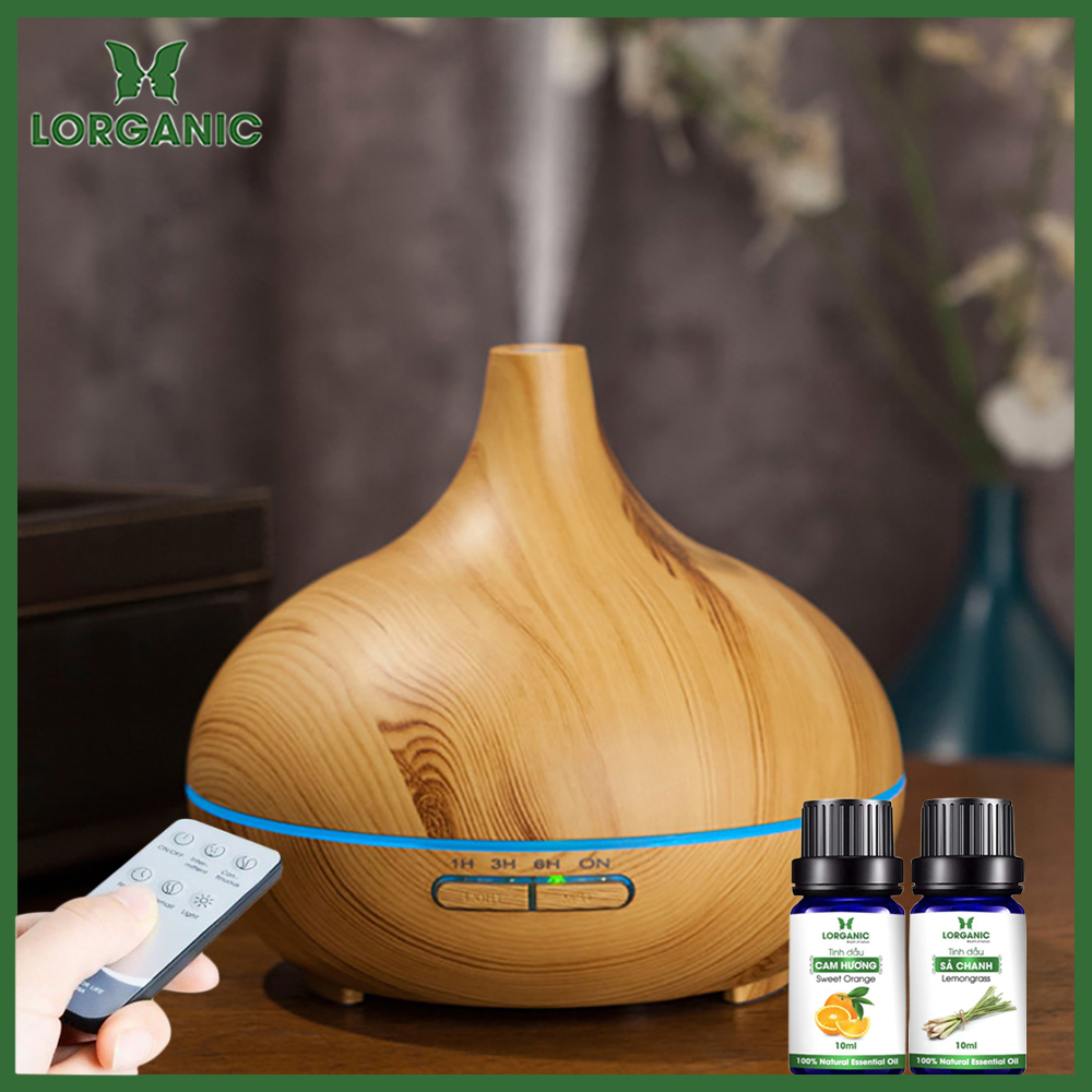 Máy Khuếch Tán Tinh Dầu Giọt Nước Lớn Gỗ Vàng Lorganic Fx2022 Tinh Dầu Sả Chanh Tinh Dầu Cam Lorganic 10Ml X2 Phun Sương Sóng Siêu Âm.