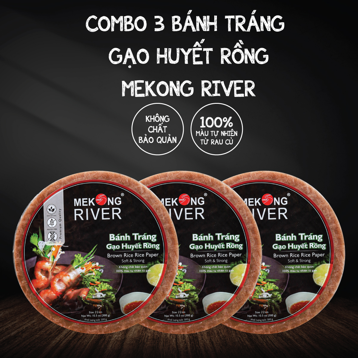 Combo 3 Túi Bánh Tráng Gạo Huyết Rồng MeKong River 22cm 300g