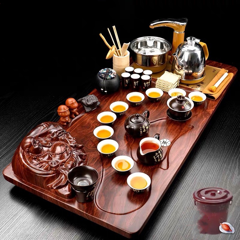 Combo bàn trà điện đa năng hình Phật + bếp đôi + ấm chén nâu