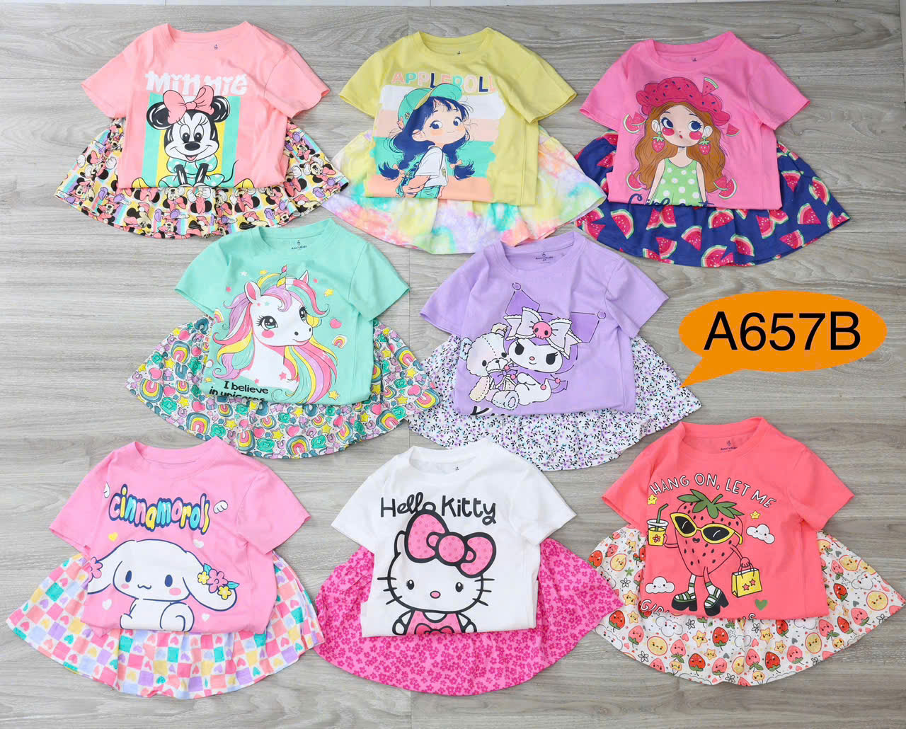 Đồ bộ bé gái, Bộ quần giả váy cho bé gái labubu gấu dâu capybara kuromi từ 10-38kg chất cotton hàng xuất mềm mịn mát