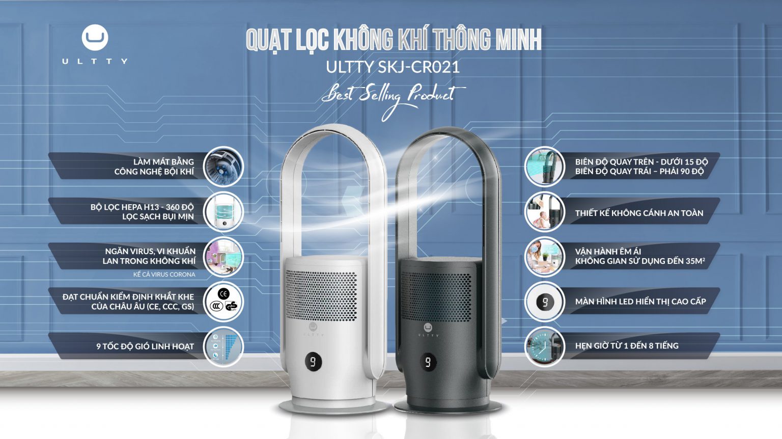 Máy Lọc Không Khí ULTTY SKJ-CR021 Dạng Quạt, Chế Độ Làm Mát 9 Cấp, Bộ Lọc HEPA H13 Loại Bỏ 99,97% Bụi Mịn, Vi Khuẩn, Virut - Màu Trắng - Hàng Chính Hãng