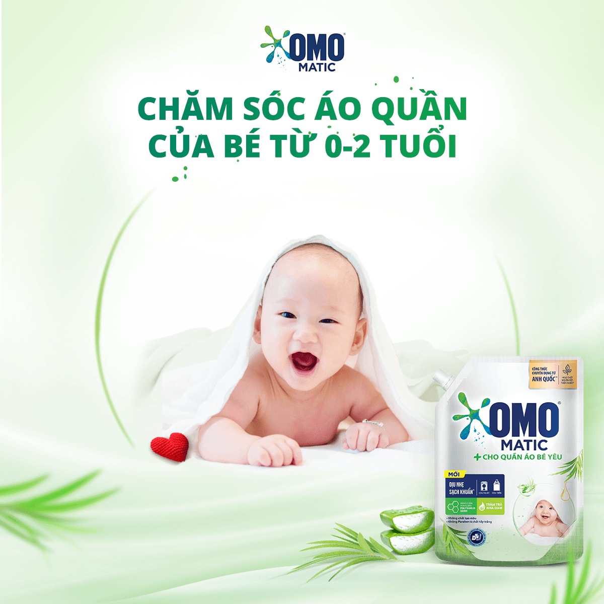 Túi Nước Giặt Omo Matic Cho Quần Áo Bé Yêu Chiết Xuất Tràm Trà Và Nha Đam Dịu Nhẹ, Sạch Khuẩn 3.6Kg