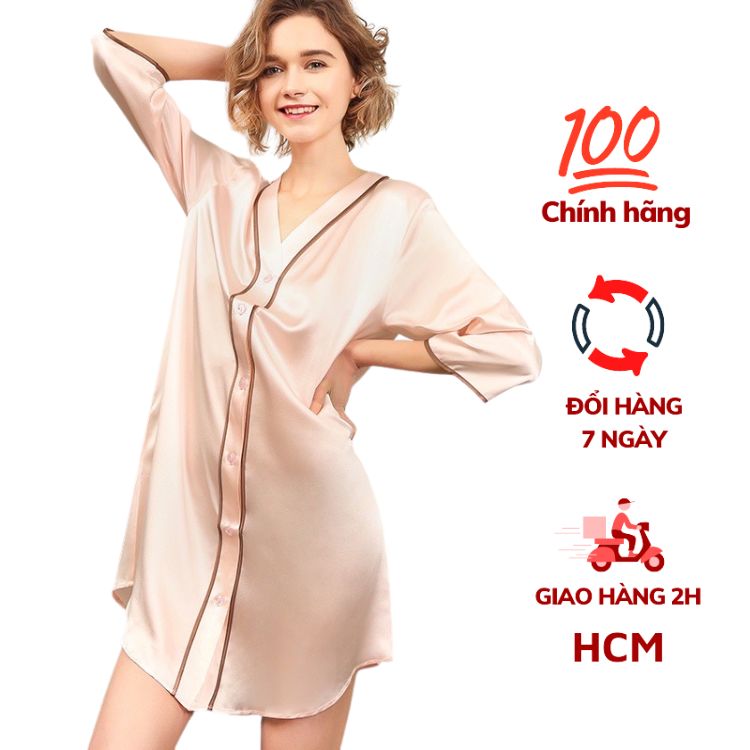 Váy ngủ nữ, váy lụa cao cấp VILADY - V119 kiểu cổ V tay lỡ phối viền màu San hô, chất liệu lụa Pháp