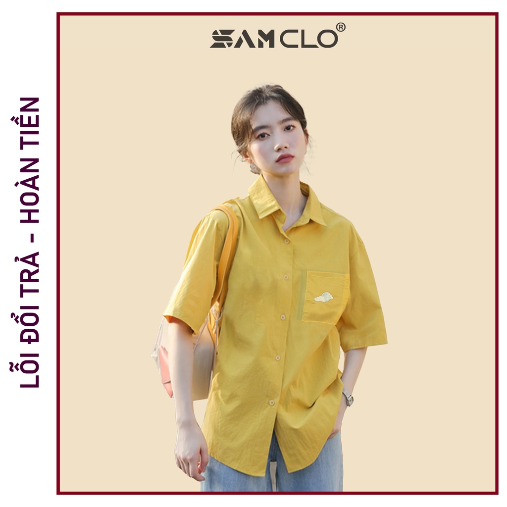 Áo sơ mi nữ SAM CLO cổ bẻ tay ngắn có túi - lỡ ulzzang form freesize dáng rộng unisex mặc cặp, nhóm, couple HÌNH THÊU