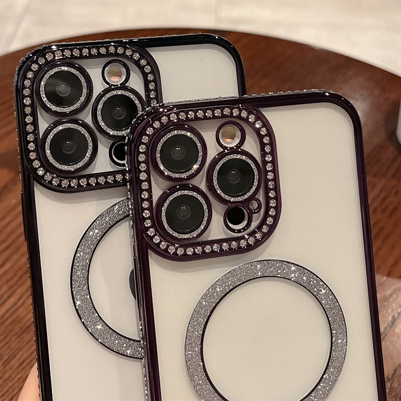 Ốp lưng cho iphone 15 pro max sạc từ tính đính đá vòng kim tuyến rất đẹp - hàng chính hãng