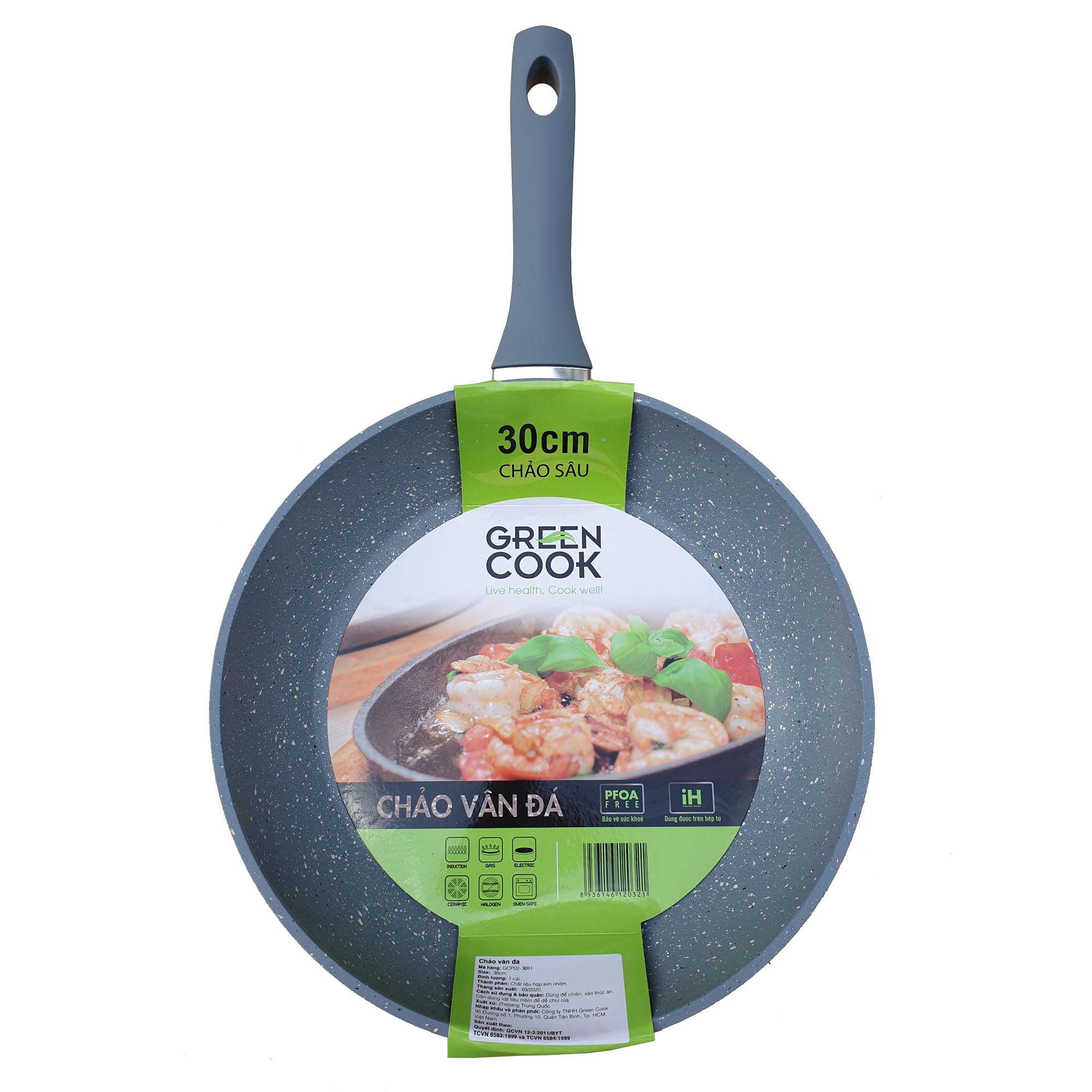 Chảo sâu đáy từ vân đá chống dính Green Cook GCP02-30IH size 30 cm - Hàng chính hãng