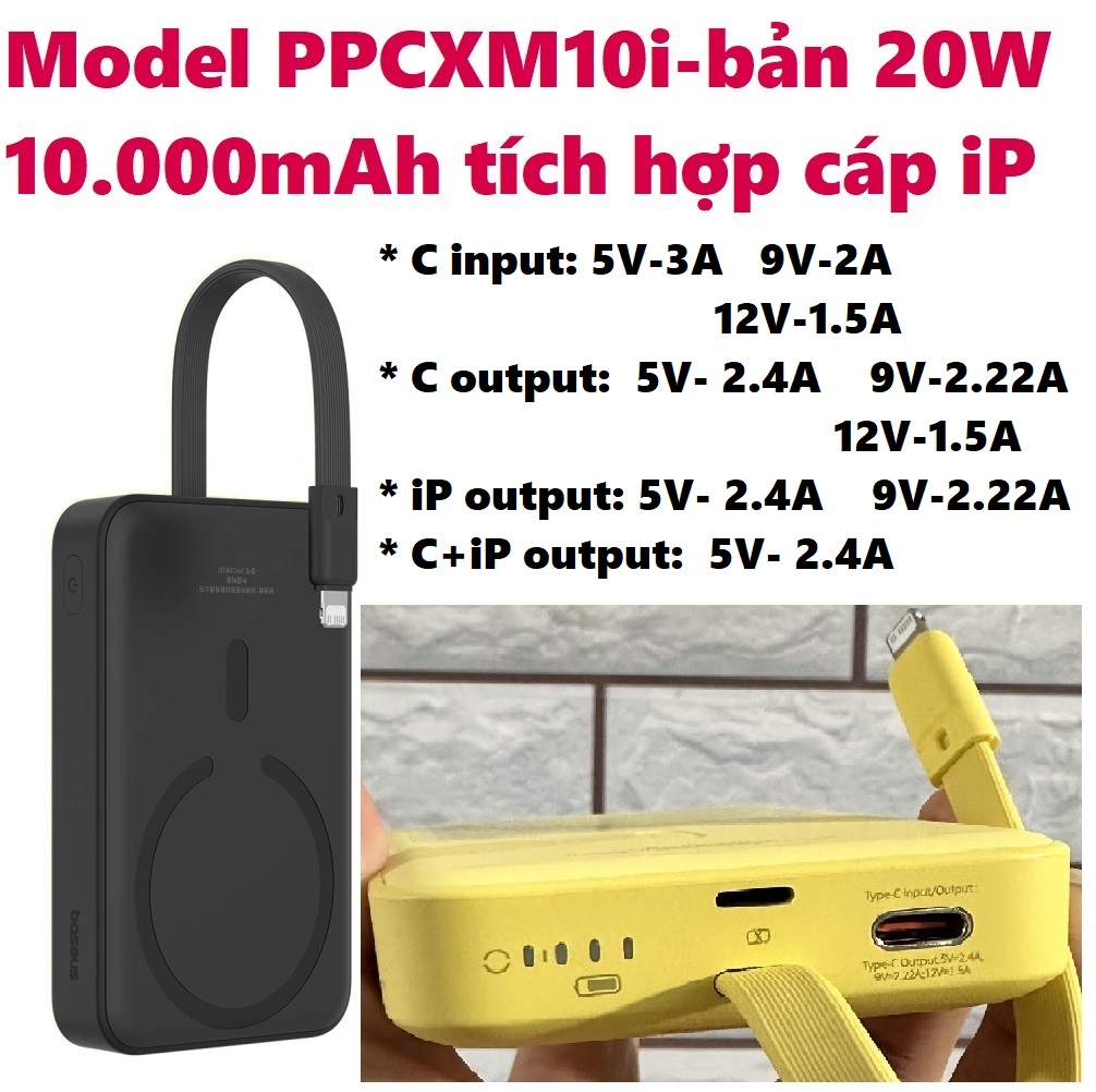 [30W - 10000mAh] Pin dự phòng không dây nam châm tích hợp cáp  C / ip hỗ trợ sạc nhanh Baseus PPCXM10T_ Hàng chính hãng