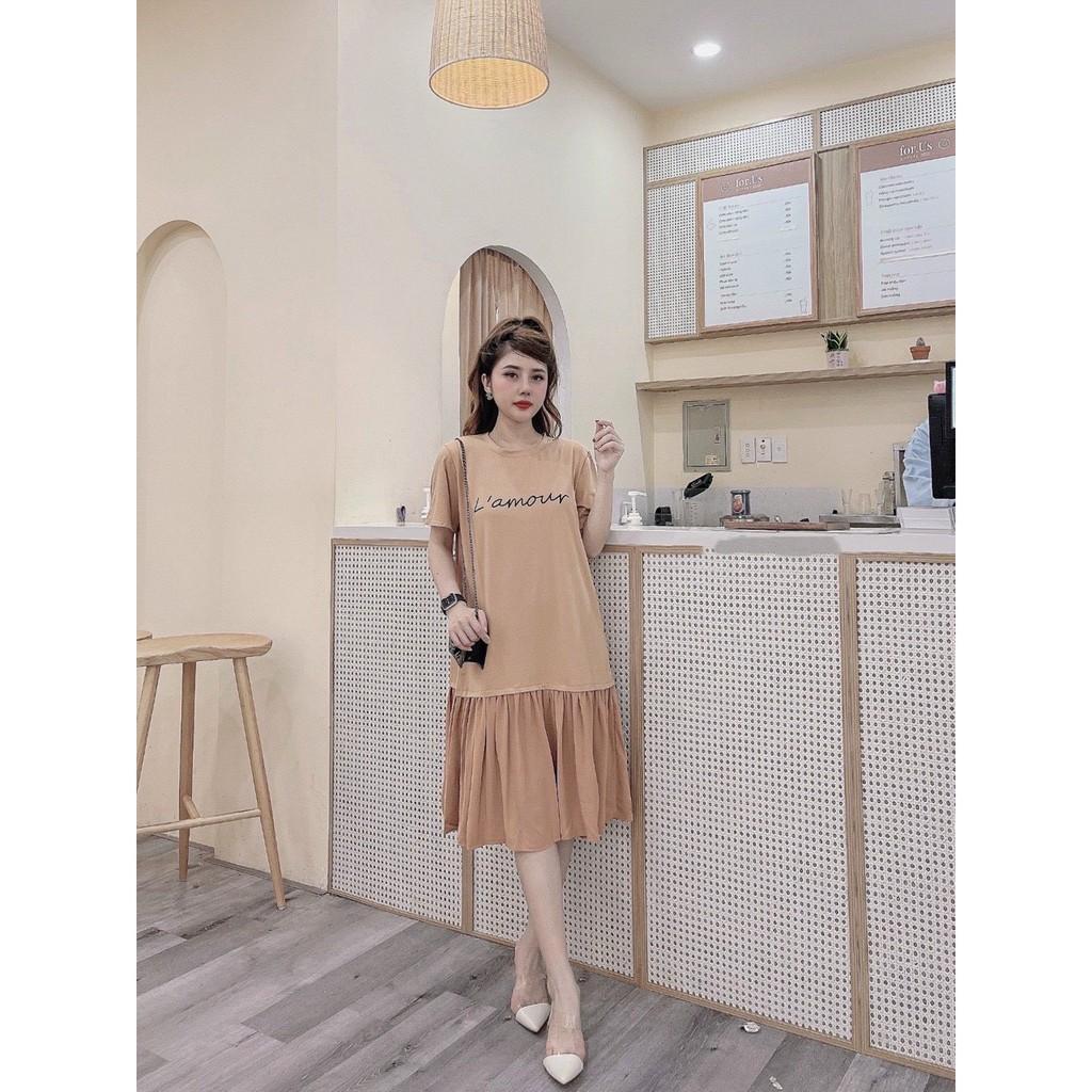 Váy suông thun cotton chân xếp kiểu phối màu, đầm xuông rộng freesize in chữ màu đen, nâu, be mã V238 - michi's House