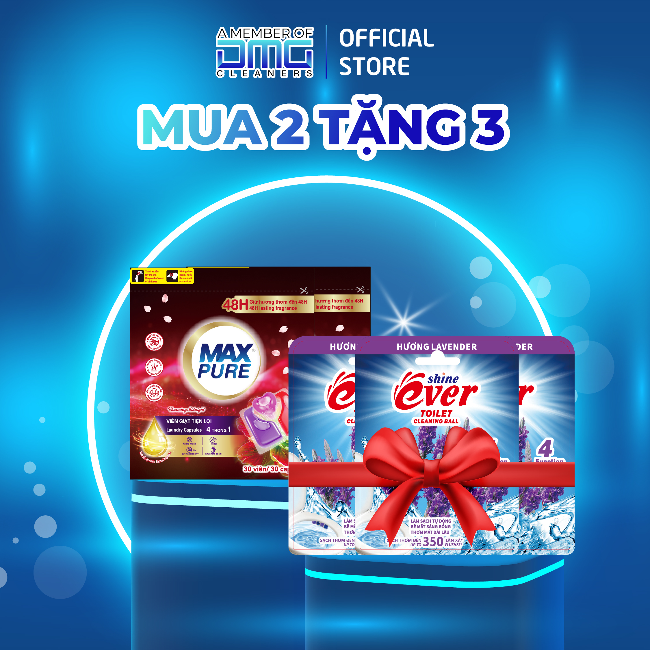 Combo 2 Túi viên giặt Maxpure Hương Đắm Say 30v tặng 2 vỉ viên treo bồn cầu Evershine