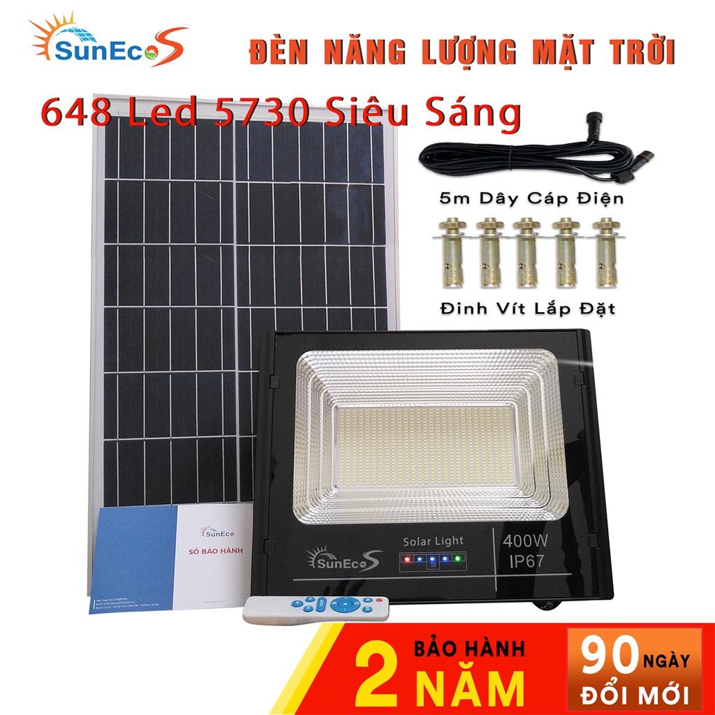 Đèn năng lượng mặt trời 400W Suneco, đèn pha led năng lượng mặt trời có báo dung lượng pin, chống nước IP67, BH 2 năm