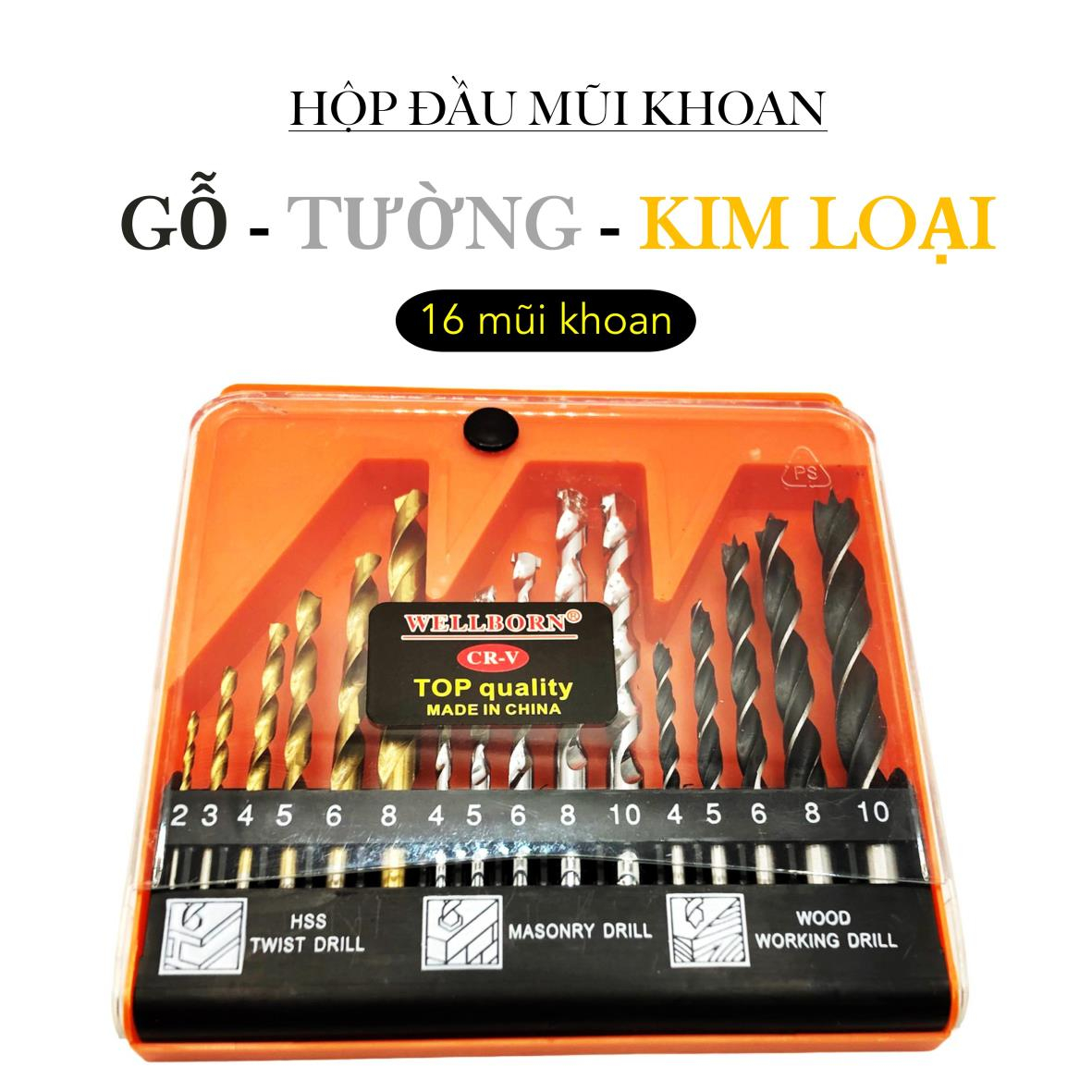 Bộ mũi khoan 16 mũi khoan, mũi khoan, mũi khoan đa năng, có 3 loại đầu khoan, khoan được gỗ, tường, gach, kim loại và sắt