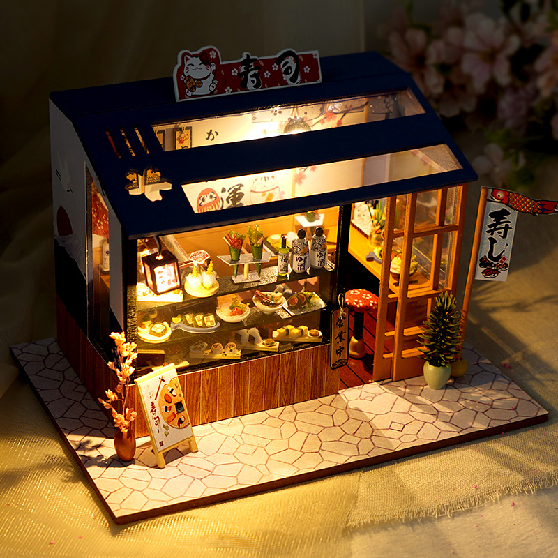 Mô hình nhà búp bê lắp ghép bằng gỗ Mẫu Sushi Shop tặng kèm dụng cụ lắp ghép, keo silicon