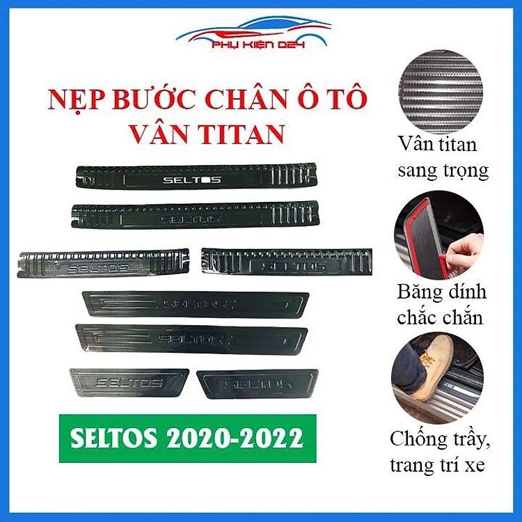 Nẹp bước chân, Ốp bậc cửa trong + ngoài Titan/Inox Seltos đời 2019-2023, Bộ 8 miếng cao cấp