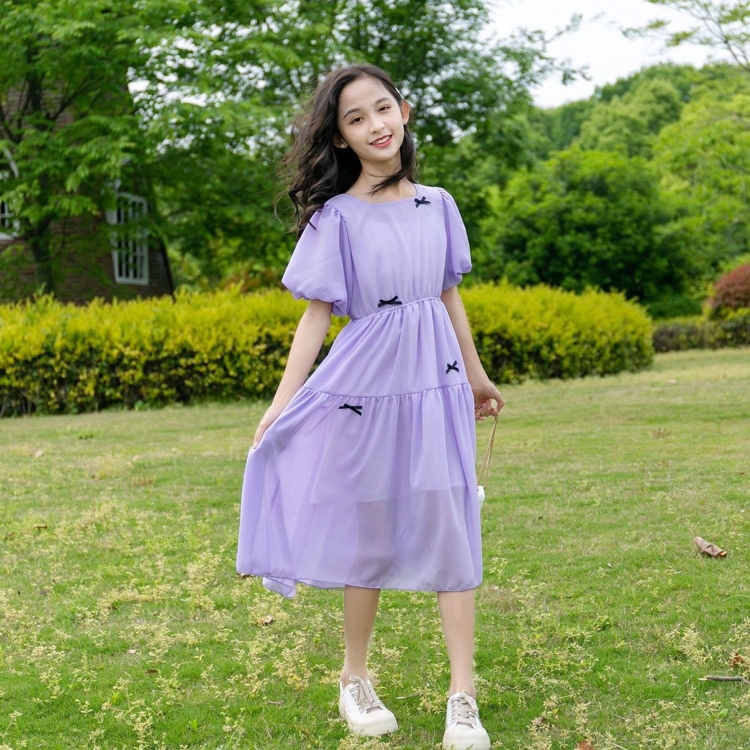 DONGSHOP Mid-Big Boy Girl Dress 2023 Mùa hè cô gái nhỏ mùa hè bong bóng tay áo siêu tiên chiffon đầm bãi biển